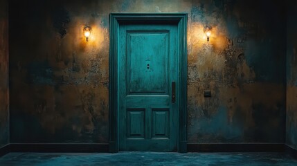 Moody teal door stands centered in a distressed hallway with sconces. Symbolizes mystery, secrets, or the transition to an unknown path.