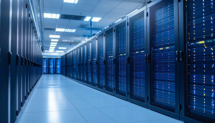 Fototapeta premium Digital Fortress: A contemporary data center bathed in cool blue illumination, showcasing rows of cutting-edge server racks and a hallway that recedes into a digital expanse.