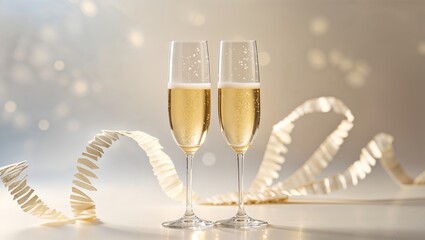 Celebration with sparkling champagne and decorative ribbon on a festive table setting