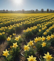 Expansive field of daffodils bathed in sunlight; clear blue sky overhead ,  pastoral,  meadow