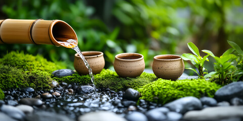 Serene bamboo water feature with soothing water flow into clay cups, surrounded by lush green plants and moss.