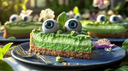Spooky Green Eyeball Cheesecake Slice on Blue Plate with Flowers