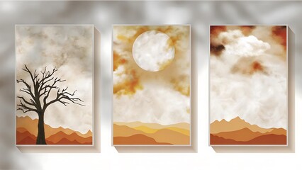 Three framed nature pictures display tranquil desert scenes with silhouettes and misty cloudscapes