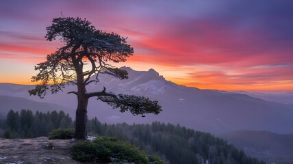 Fototapeta premium Majestic pine tree silhouetted against a vibrant sunset in the mountainous landscape