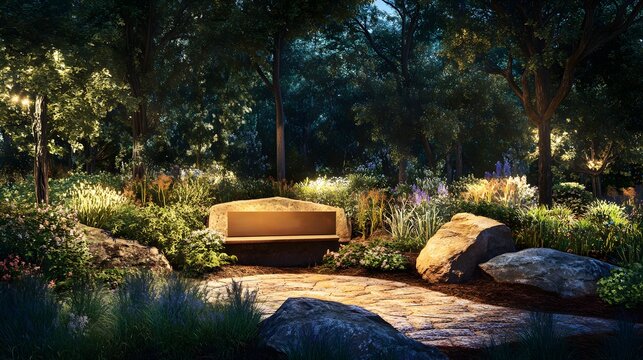 Illuminated stone bench nestled in a lush garden at night with trees and rock pathway visible