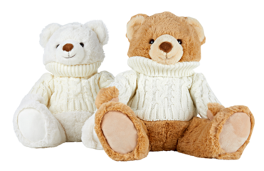 pair of teddy bears wearing long-sleeved silk sweaters cut out isolated transparent background