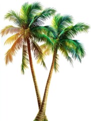 Two vibrant tropical palm trees against a white background.