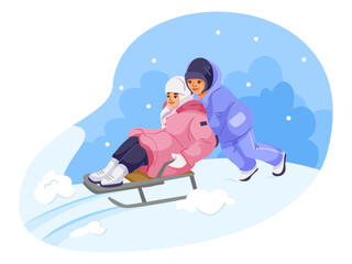 Two children enjoy sledding on a snowy hill, dressed in colorful winter wear, with snowflakes falling and trees in the background. Vector illustration
