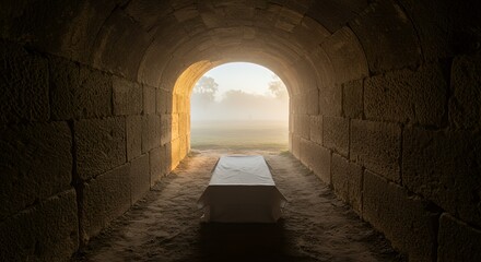 Fototapeta premium Stone tunnel with table and fog