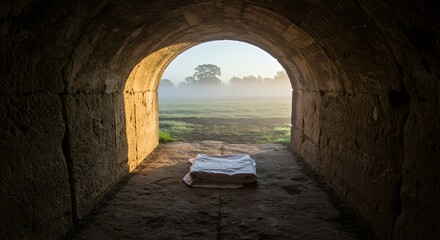Tunnel opening to foggy field with cloth