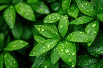 This close-up captures the beauty of fresh green leaves adorned with water droplets. Ideal for nature, gardening, and environmental themes.