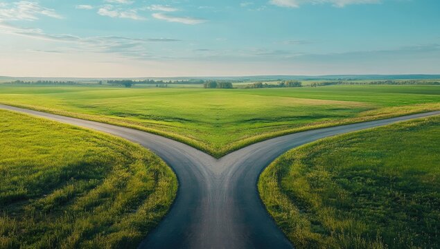 A forked road amidst a vibrant green field under a serene sky