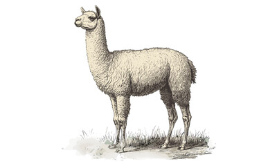 Obraz premium Monochrome Alpaca Sketch, Hand-drawn Vintage Engraving, Rustic Farm Animal Art, Antique Wildlife Etching, Black and White Trendy Decor for Country Home