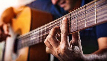 Obraz premium detailed close up of fingers pressing strings on acoustic guitar fretboard musician plays guitar