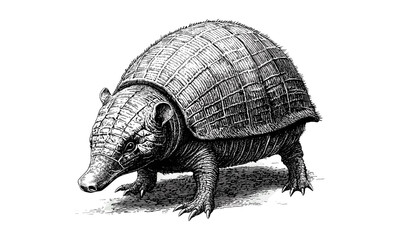 Fototapeta premium Monochrome Wildlife Art, Armadillo Crawling Engraving, Vintage Desert Reptile Illustration, Trendy Black Sketch, Retro Animal Design, Old Etching Style, Vintage Nature Decor