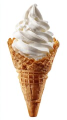 Vanilla Soft Serve Ice Cream Cone Isolated on White Background Studio Shot Close Up Sweet Treat Dessert