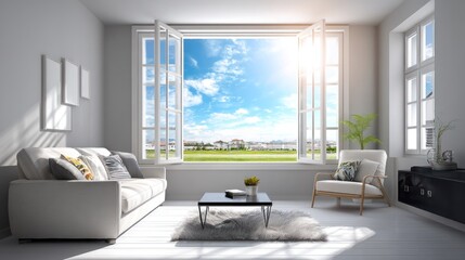 Sunlight pours into a spacious living room adorned in white offering a breathtaking view of the clear blue sky and lush grass outside