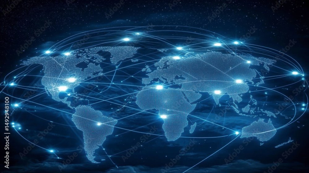 Leinwandbilder Global network connection, illuminated world map with glowing nodes and lines representing digital links and communication.