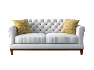 Elegant White Sofa with Yellow Pillows: A luxurious white tufted sofa with rolled arms and wooden legs, accented by two mustard yellow throw pillows.