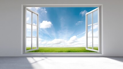 Sunlight floods an almost white living room through an open window showcasing a stunning view of the clear blue sky and vibrant green grass