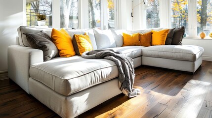 Streamlined minimalist living room exuding tranquility with a light gray sofa adorned with bright yellow pillows and warm blanket creating comfort