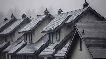Heavy rainstorm over suburban neighborhood with rainwater cascading off rooftops of residential houses, showcasing intense weather conditions, urban drainage, and climate impact