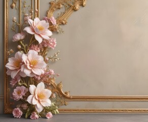 Subtle pastel blooms, gilded details on vintage backdrop, floral, art deco