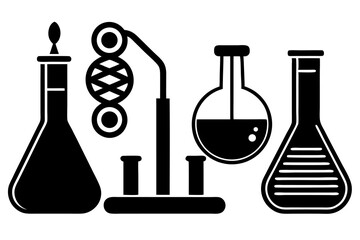Vector illustration of scientific chemistry laboratory glassware and equipment, including beakers, flasks, and test tubes with blue liquid for research and analysis