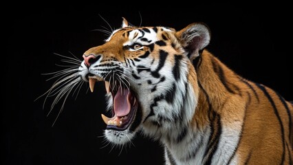 Obraz premium A dramatic profile view of a tiger captured mid-roar, emphasizing its open mouth and visible teeth against a deep black backdrop