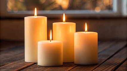 Three white pillar candles of varying heights burn with warm flames on a dark wooden surface