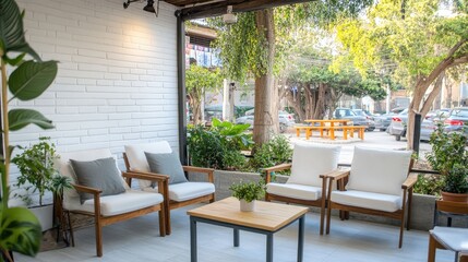 Fototapeta premium Outdoor patio seating area with plants