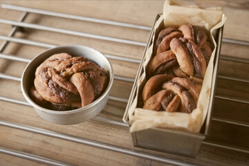Freshly baked chocolate babka and cinnamon bun cooling on a wire rack, showing braided texture and rich filling in warm natural lighting

