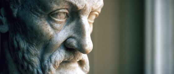 Fototapeta premium An ancient marble bust of a bearded figure, bathed in soft light, imparting a sense of classical art and stoic contemplation.