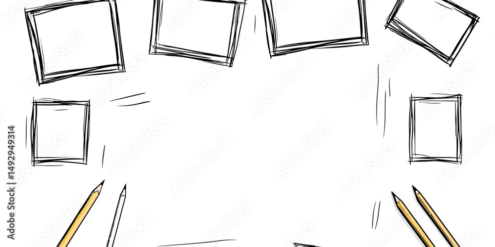 Poster hand drawn sketch style pencil frame border with scribble rectangle shapes and simple doodle brush s