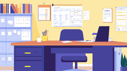 Minimalist office desk workspace with laptop, documents, calendar, filing cabinet, and stationery in flat vector style for finance and business concept