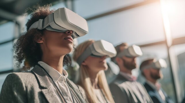 Diverse Group Wearing VR Headsets in Bright Office, Showcasing Innovation and Digital Transformation for Business Technology : Generative AI - Powered by Adobe