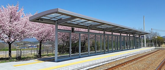 Modern train station platform under cherry blossoms