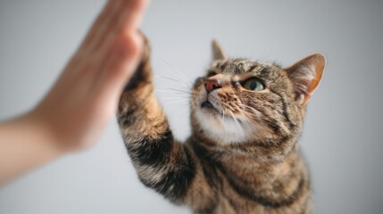 Cat giving a high five with human hand, contact moment frozen mid-air, joyful expression and lifted paw, centered in wide white frame, great for pet bonding campaigns