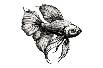Betta Fish Engraving with Flowing Fins, Vintage Aquarium Pet Illustration, Retro Sea Creature, Black Monochrome Ocean Life Art, Trendy Home Decor, Hand-drawn Pet