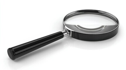 Classic magnifying glass with black handle, laying flat and centered, realistic glass reflection, isolated on clean white background, ideal for business or academic use