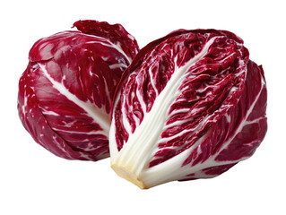 Obraz premium Red Radicchio: A close-up shot showcases two vibrant red radicchio heads, their intricate, crisp leaves with white veins a testament to freshness and culinary appeal.