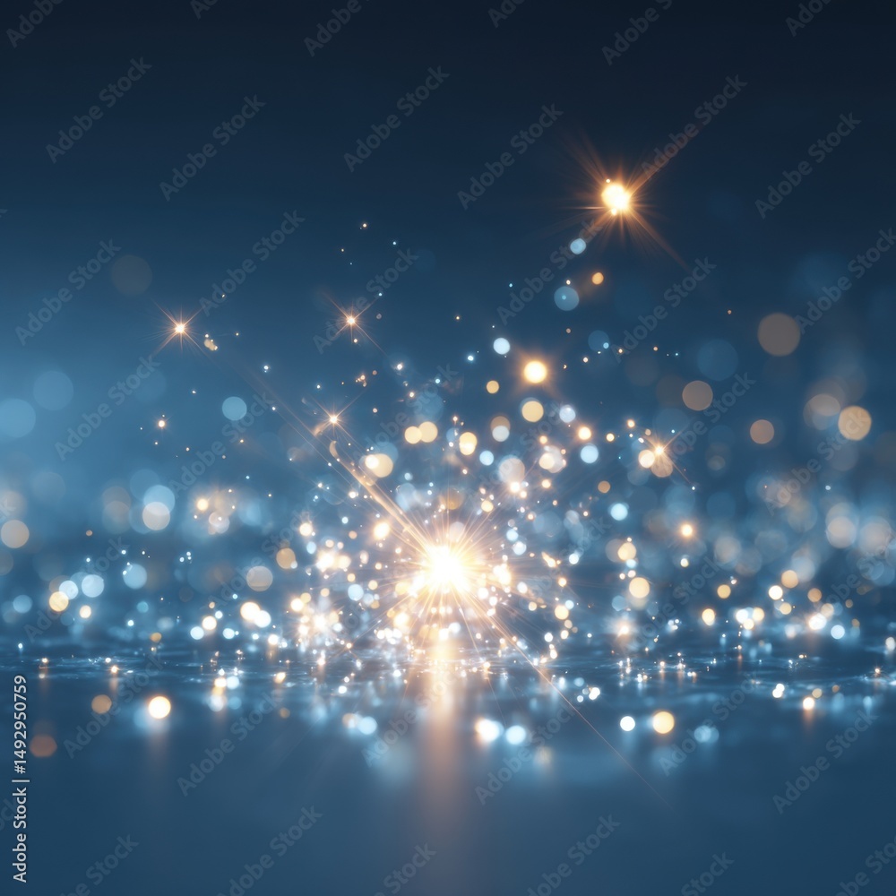 Wall mural abstract sparkling light burst on dark blue background with bokeh effect and lens flare effect creat