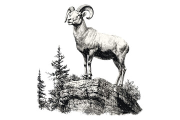 Rustic Wildlife Print, Engraving of Bighorn Sheep on Mountain Cliff, Vintage Wild Goat Illustration, Retro Animal Sketch, Monochrome Nature Art, Antique Style