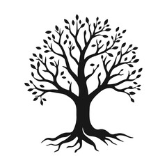 Obraz premium Stylized tree silhouette with curved trunk and leaves, nature emblem for eco design, or logo concept, tree vector silhouette, nature symbol, eco logo, forest emblem