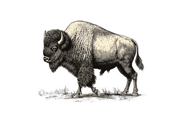 Antique Bison Engraving, Monochrome Etching of Wildlife, Retro Animal Sketch, Hand-drawn Vintage Art, Walking Bison, American Mammal, Old Style Illustration © Vintage studio
