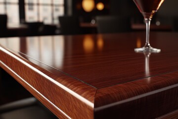 Elegant close-up view of a polished wooden table in a sophisticated restaurant setting with a cocktail glass, showcasing the warmth and richness of fine dining ambiance.