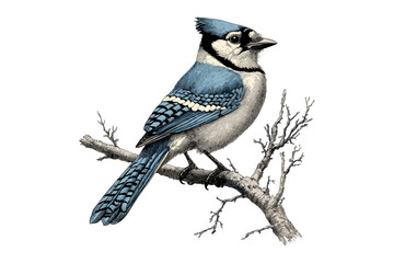 Vintage Engraving of Blue Jay Perched on Branch, Hand-drawn Ornithology Illustration, Retro Bird Sketch, Monochrome Nature Art, Antique Wildlife Drawing