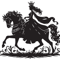 silhouette of a princess riding a horse, editable vector image