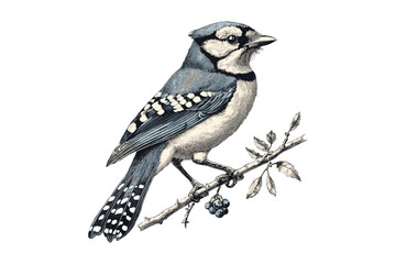 Vintage Blue Jay Engraving, Black Sketch of Songbird on Twig, Monochrome Nature Illustration, Retro Ornithology Art, Hand-drawn Trendy Wall Decor, Old Style Etching