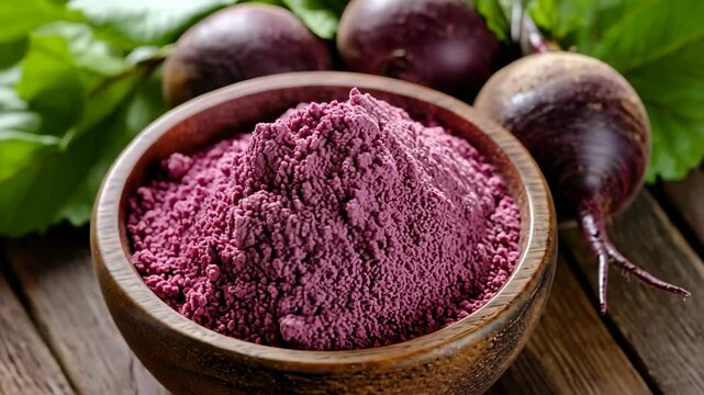 Beetroot powder in wooden bowl and fresh beetroots on wooden background
